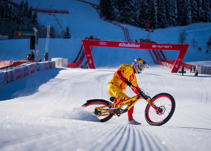 Streif - Hahnenkamm Race MTB pro Fabio Wibmer performs on the Strief - interview photo